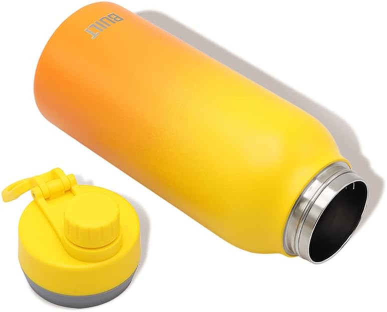 BUILT 32 Ounces Wide Mouth Cascade Double Wall Vacuum Insulated Stainless Steel Bottle with Chug Lid, Yellow and Orange Citrus Sunrise Ombre