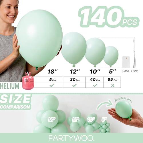 Image of PartyWoo Light Green Balloons 140pcs Different Sizes Pack of 18 12 10 5 Inch Mint Pastel Peppermin Green Balloon Arch Kit for Baby Shower Spring Forest Birthday Party Decorations Green-Q06