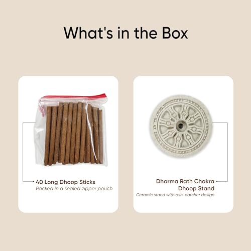 Image of Pure Sandalwood Dhoop Sticks I Bambooless & Charcoal-Free | 40 Long Sticks with Dharma Rath Chakra Dhoop Stand | Pure Natural Sandalwood Aroma for Pooja, Meditation & Havan
