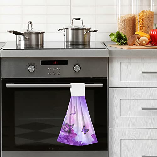 Kigai Purple Butterfly Hanging Tie Towels Set Of 2, Absorbent Hand Towels Tea Bar Dish Dry Towels For Kitchen Bathroom Home Decor, 14 X18.2 Inch #TOP5