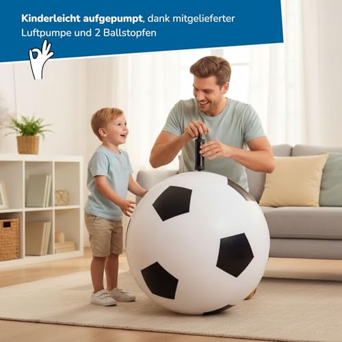alldoro 60298 XXL Fußball Ø 75 cm groß, aufblasbarer Spielball mit mega Sprungkraft, Kinderball aus Gummi, Indoor & Outdoor, Schwarz/Weiß