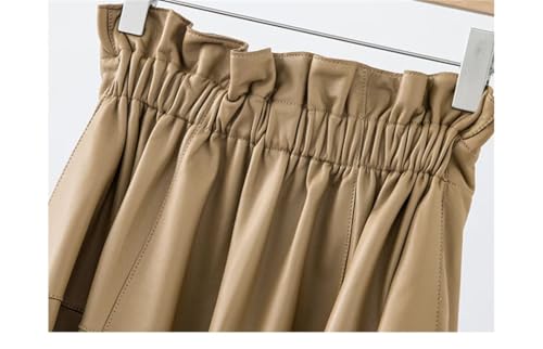 Women Leather Elastic Waist Pleated Skirt Solid Elastic Waist with Pocket Casual Skirt3