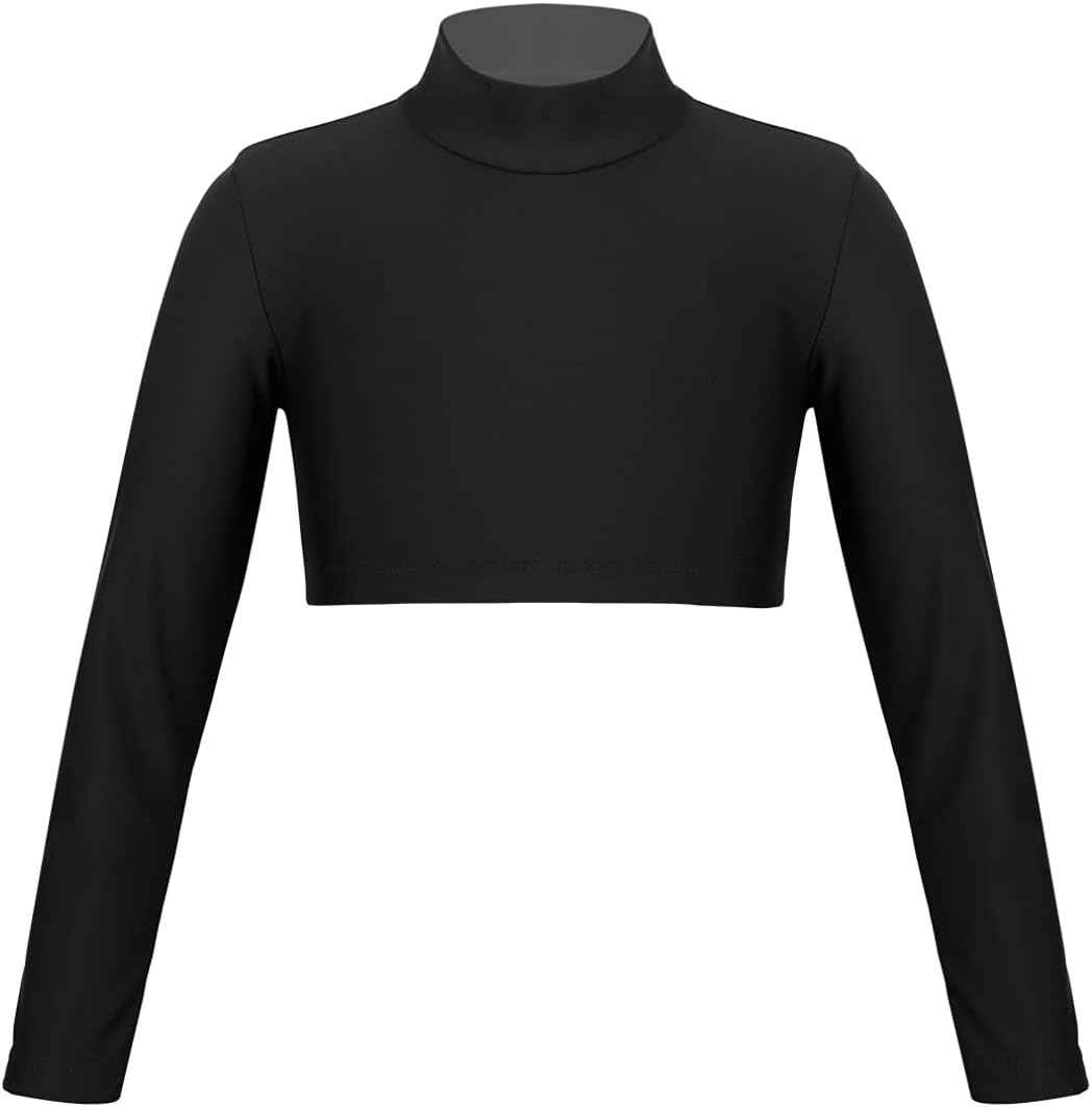 TiaoBug Kids Girls Turtleneck Long Sleeves Crop Tops Athletic Shiny Metallic Dance Crop Top Plain Sports Tee Shirts