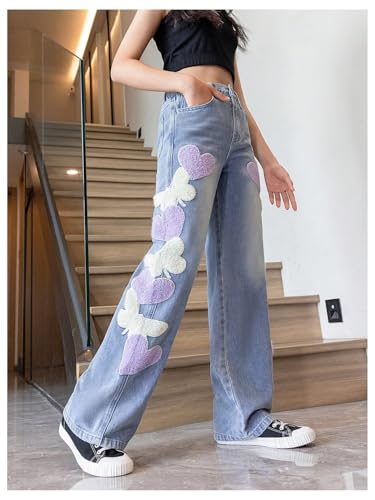 SHENHE Girl's Straight Leg Jeans Heart Print Elastic Waist Cute Denim Pants Jeans3