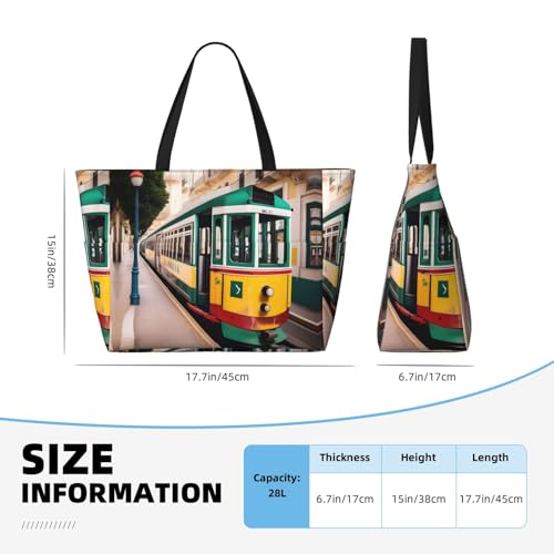 Lisbon Tram Pattern Print Large Waterproof Beach Bag For Women With Zipper And Pockets For Travel Vacation4