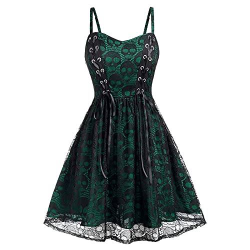 Goth Dress for Women Cool Lace Up Irregular Hem Sleeveless Steampunk Gothic Halloween Pumpkin Camisole Mini Dresses (01 Green, L)