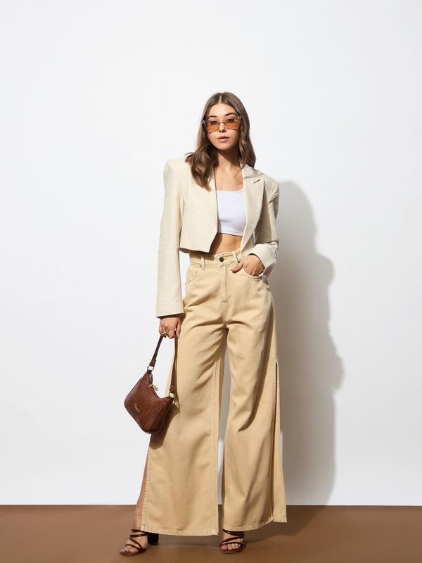 Image of Beige Side Slit Wide Leg Jeans
