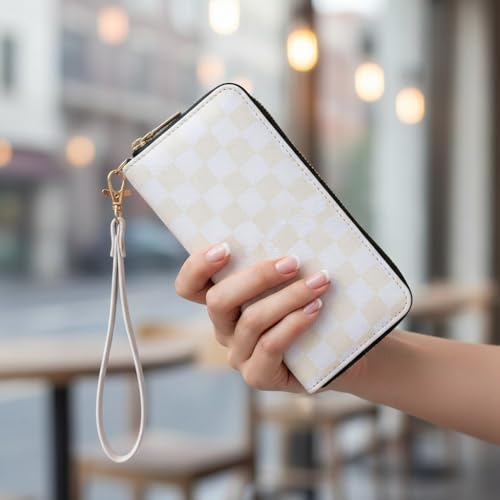 Image of Checkered Cow Print Wallet For Women Skull Goth Frog Butterfly Turtle Ladies Cluth Wristlet Wrist Strap Long Purse Zip Around Card Holder