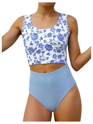 Verdusa Girl's Floral Cut Out One Piece Swimsuit Colorblock Sleeveless Bathing Suit