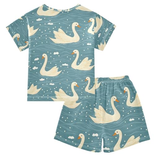 ALAZA Swan Lake Water Pajamas Set Short Sleeve Cotton Sleepwear Summer Pjs 2 Piece 5-14Y2