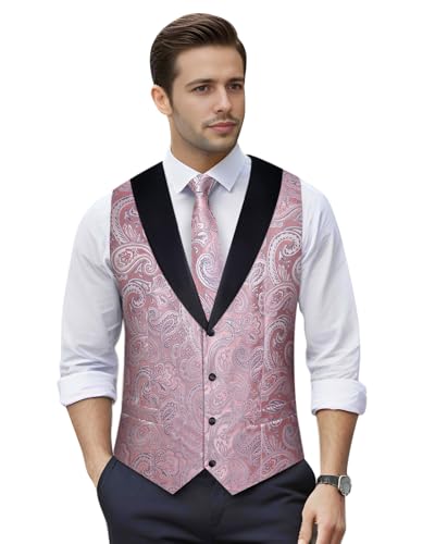 Image of DiBanGu Mens Paisley Suit Vest Silk Jacquard Waistcoat and Necktie Set Formal Shawl Collar Dress Vest 7PCS for Wedding Party