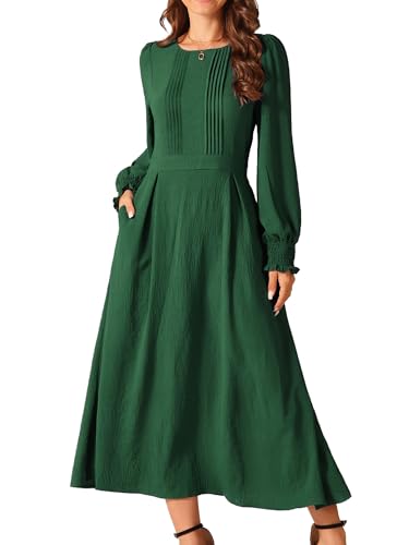 Image of Seta T Women's Fall Dress Frilled Long Sleeve A-Line Casual Midi Dresses | Crewneck, Smocked Cuff, Front Pleated, Pockets, Flowy and Lightweight, Party Elegant Outfit 2026