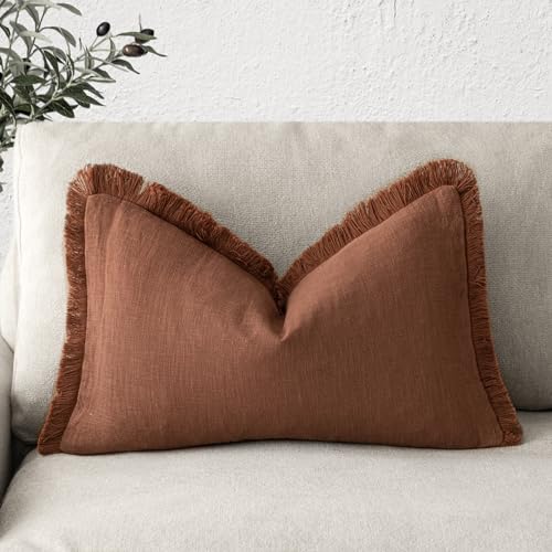 Image of Foindtower Decorative Linen Fringe Lumbar Throw Pillow Covers Boho Farmhouse Cushion Cover with Tassel Soft Accent Pillowcase for Sofa Bed Living Room Home Decor, 12x20 Inch, 1PC,Fall Rust Orange
