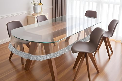 Image of The Furnishing Tree Oval Shaped 8 to 10 Seater Transparent Table Cover WxL 60x108 inches 0.25 mm Thickness with Silver Lace