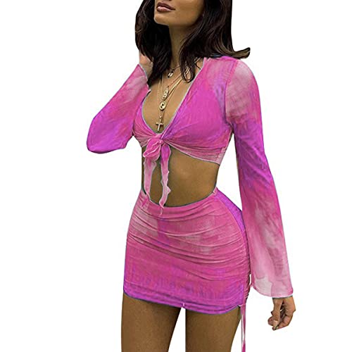 Image of Women's Sexy Long Sleeve 2 Pieces Sheer Mesh Cover Up Dress Crop Top Bodycon Ruched Y2K Mini Skirt Sets