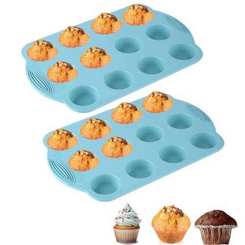 2 Pack MINI Silicone Muffin Pan - 12 MINI Size Cups Muffin Pan, Non-Stick Cupcake Pan Great for Homemade Cupcakes, Muffin Cake and VARIOUS Little Cake .BPA Free .Oven and Dishwasher Safe (Blue)