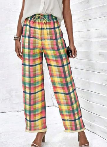 Palazzo Pants for Women Casual Multicolor Gingham Wide Leg Capri Pants 2025 Summer Boho Lounge Trousers with Pockets3