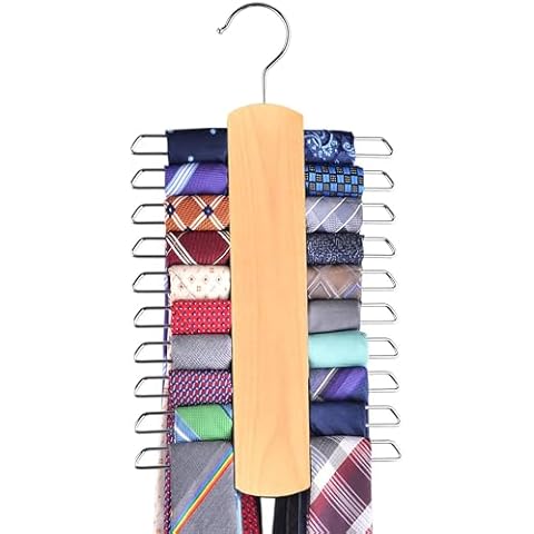 Umo Lorenzo Premium Wooden Necktie and Belt Hanger, Walnut Wood Center Organizer and Storage Rack with a Non-Slip Finish - 20 Hooks Cover