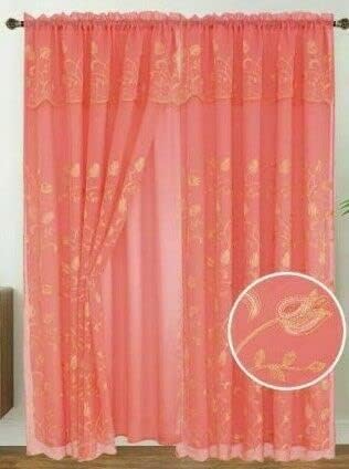 Set of 2 Kylie Embroidered Curtain Panels with Attached Taffeta Backing and Valance, 108" Wide x 84" Long (Coral)