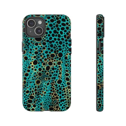 Coque iPhone 15 Plus turquoise et noir à pois abstraits avec finition rigide brillante