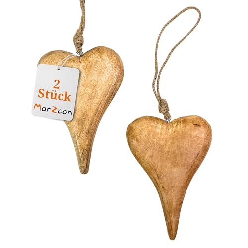 Marzoon 2X Holz Anhänger Herz je 15 x 10 cm - Massiv Holzherzen zum Hängen - Holz-Deko für Fenster - Vintage Deko für Geschenke - Mini-Deko - Mitbringsel