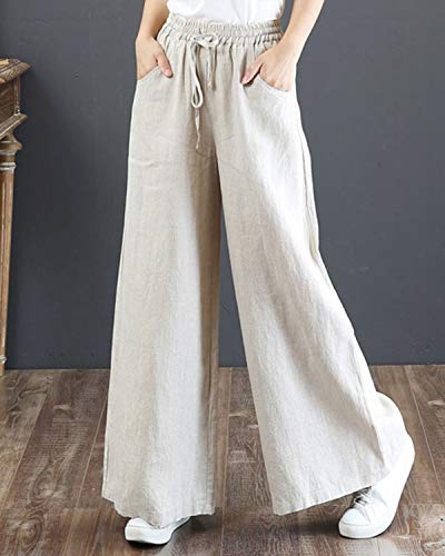 IXIMO Women's Cotton Linen Wide Leg Pants Casual Drawstring Lounge Palazzo Loose Trousers3