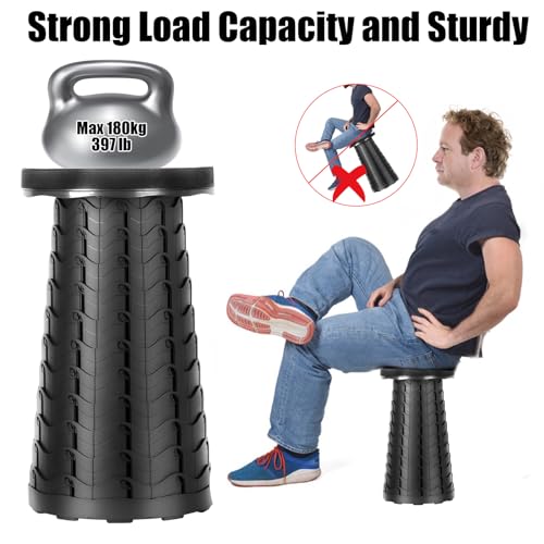 Image of Portable Folding Stool, Height Adjustable 6.5 - 45 cm, Plastic Seat, Black, Modern Style, Ideal for Outdoor, Camping, Fishing, BBQ, Kitchen