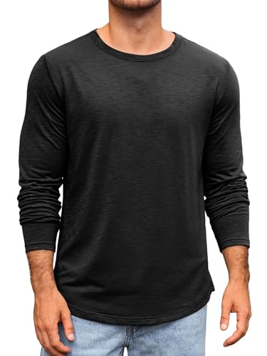 Runcati Herren Langarmshirt Rundhals Langarm T-Shirt Einfarbig Regular Fit Oberteile Sport Freizeit Shirts Casual Basic Unterhemd Schwarz L