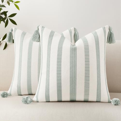 Smile Bee Boho Outdoor Couch Throw Pillow Covers Set of 2 Decorative Thick Woven Striped Accent Neutral Pillow Covers with Tassels for Bed Sofa Home Decor 18x18 Inch, Sage Green and Cream White