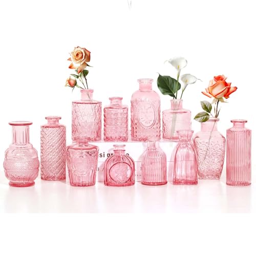 Sawoake Mini Bud Vases As Wedding Centerpieces for Tables Clear Bud Vases for Flowers Small Flower Vases Suitable for Birthday Party Anniversary Wedding Reception Baby Shower (Pink 12PCS)