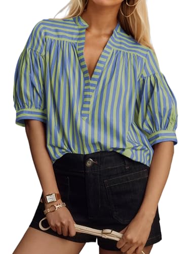 Ymejia Womens Short Puff Sleeve Striped Blouses Top V Neck