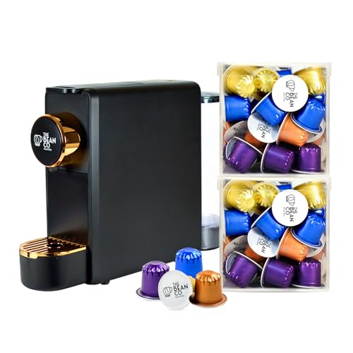 Image of THE BEAN CO Roasters Espresso Coffee Capsule Machine - With 80 Coffee Pods- 19 Bar Pressure- Coffee Machine for Home|Nespresso Compatible |Compact Design |Black