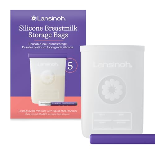 Lansinoh Silicone Breast Milk Storage Bag Leak-Proof with Wide Opening Double Seal - 5 Pack 240 ml - Reusable Milk Storage Bags for Fridge/Freezer - Includes Chalk Marker - Breastfeeding Essentials