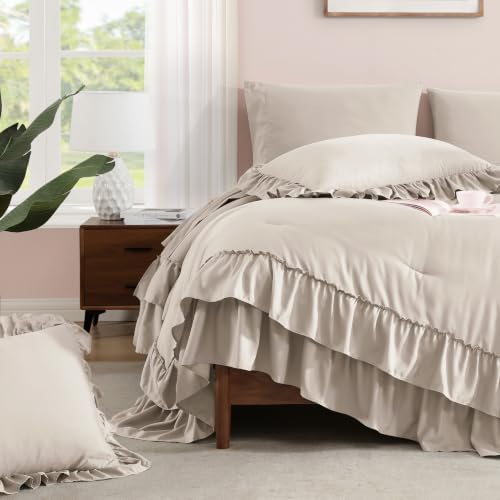 Image of AMBERSPACE Queen Comforter Set Beige Ruffle 7 Pieces Farmhouse Bed in a Bag