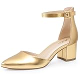 Ankis Closed Toe Heels for Women -Gold Pointed Toe Heels Low Block Chunky Women Pumps with Ankle Strap -2.25 Inch