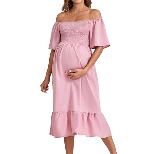 Image of Flowing Women's Dress with Floral Pattern, Square Neck, Casual Midi Maternity Dress in A-line, pink, S