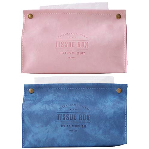 Boîte à Mouchoirs de Style Nordique, 2 Pièces Boîte à Mouchoirs en Cuir PU, Boîte à Mouchoirs Pliable pour la Maison, le Salon, la Cuisine, la Voiture, le Stockage de Papier de Bureau (Rose et Bleu) Cover