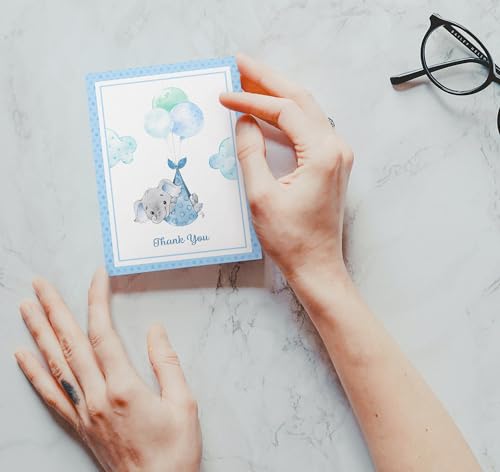 Image of Twigs Paper Baby Boy Shower Thank You Cards, 12 Blue Elephant Note Cards