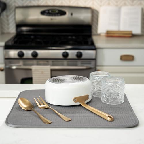 Image of S&T INC. Dish Drying Mat, 16 inch x 18 inch, Absorbent Microfiber Kitchen Counter Mat, Dish Drying Pad for Dishes, Utensils, Pots and Pans, Large, Grey
