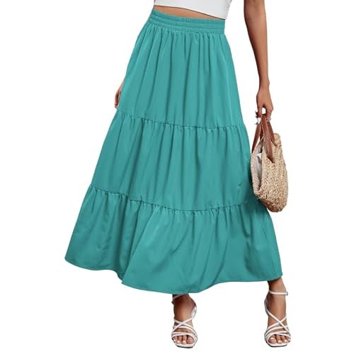 Arolina Maxi Skirt for Women Summer Boho Elastic High Waist Pleated A-Line Flowy Ruffle Swing Tiered Long Beach Skirt Dress X-Large Lake