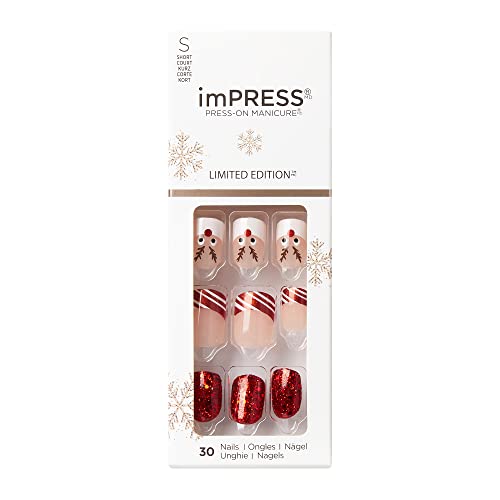 KISS imPRESS Limited Edition Holiday Press-On Manicure with PureFit Technology, Short Length Press-On Nails, Style ‘Cozy Night’, with Prep Pad, Mini File, Cuticle Stick, & 30 Fake Nails