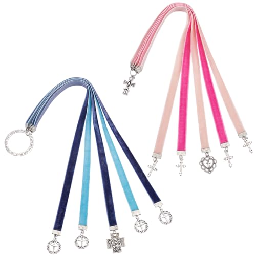 FINGERINSPIRE 2 Pcs Bible Ribbon Bookmark 2 Styles 36cm Velvet Ribbons Bookmark with 5 Ribbons Multi Page Ribbon Marker with Cross Charm for Bible Books(Jesus & Cross Heart
