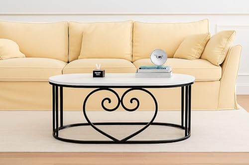 Image of CROWN ART SHOPPEE Oval Accent Metal Centre Table with Marble Look Coffee Tables with Engineered Wood Top and Metal Frame, Contemporary Table for Office, Bedroom, or Living Room Black White