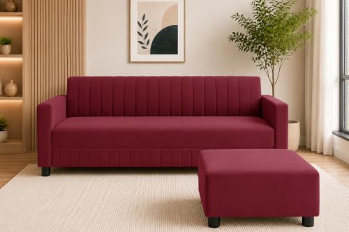 Image of 3 Seater Velvet Sofa with Ottoman | Modern Upholstered Couch | Comfortable Living Room Sofa | Durable & Stylish Seating for Home, Office & Guest Room - Red Color