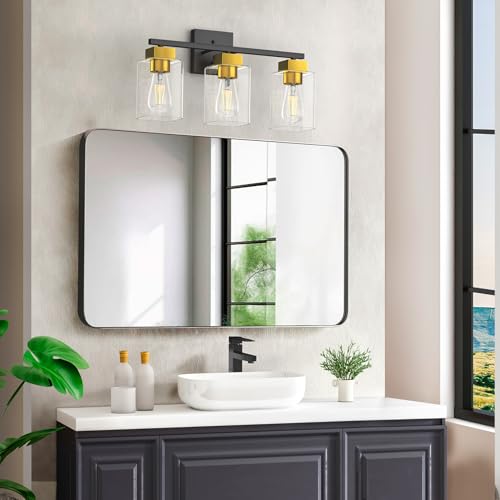 Image of Black and Brushed Gold Bathroom Vanity Light, 3-Light Vanity Lighting fixtures Over Mirror, Square Design & UL Certification, Wall Sconces with Clear Glass Shades, E26 Socket (Bulbs Not Included)
