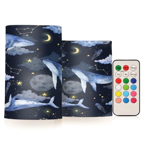 Flammenlose LED-Stumpenkerzen, Motiv: Wal, Mond, Stern, Weltraum, Wasserfarben, 2 Packungen
