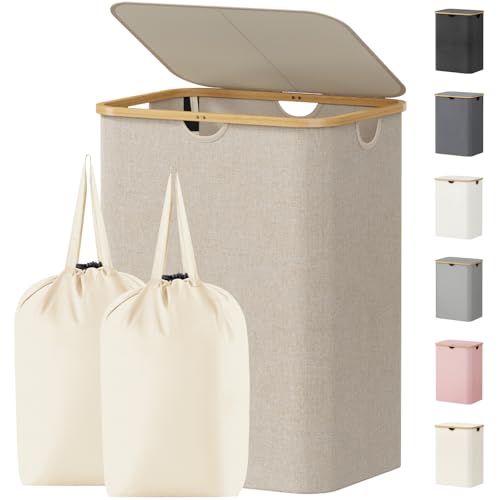 Lifewit 150L Laundry Basket with Lid, Clothes Hampers for Laundry with Bamboo Handles and 2 Removable Bag, Large Foldable Laundry Hamper for Bedroom, Bathroom, Dorm, Laundry Room, Beige