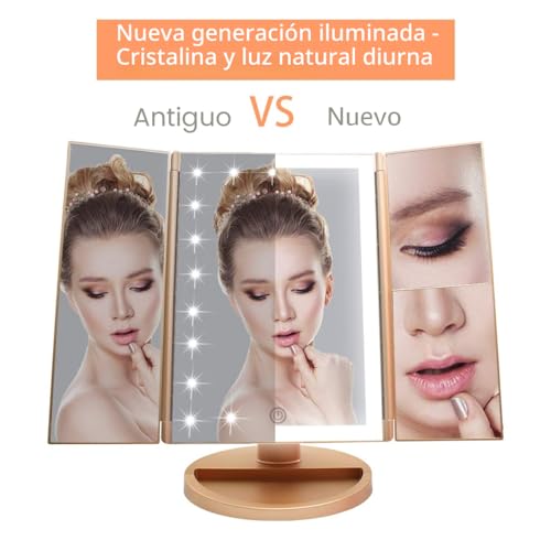 Espejo para maquillarse WEILY con pantalla táctil regulable y triple panel dorado 3