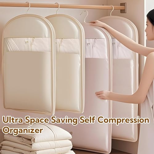 Space Saving Hanging Garment Bag with Self Compression Zipper, Space Saver Closet Organizers, Dust Cover Clothes Bags for Down Coat, Clothes Cover For Closet Storage for Travel with Rack (Beige,3Mix)2