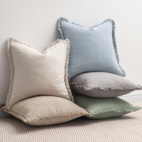 Image of MIULEE Decorative Throw Pillow Covers Neutral Linen Fringe Throw Pillows Set of 2 Sky Blue Boho Farmhouse Cushion Covers for Couch Sofa Bed Living Room Spring Home Decor 20x20 Inch